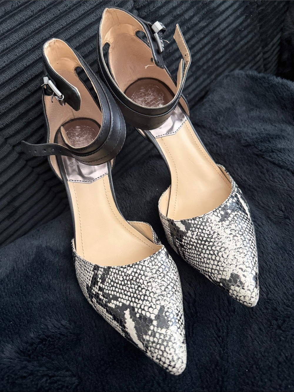 Vince Camuto Black and White Snake-Print Pointed-Toe Ankle-Strap Heels